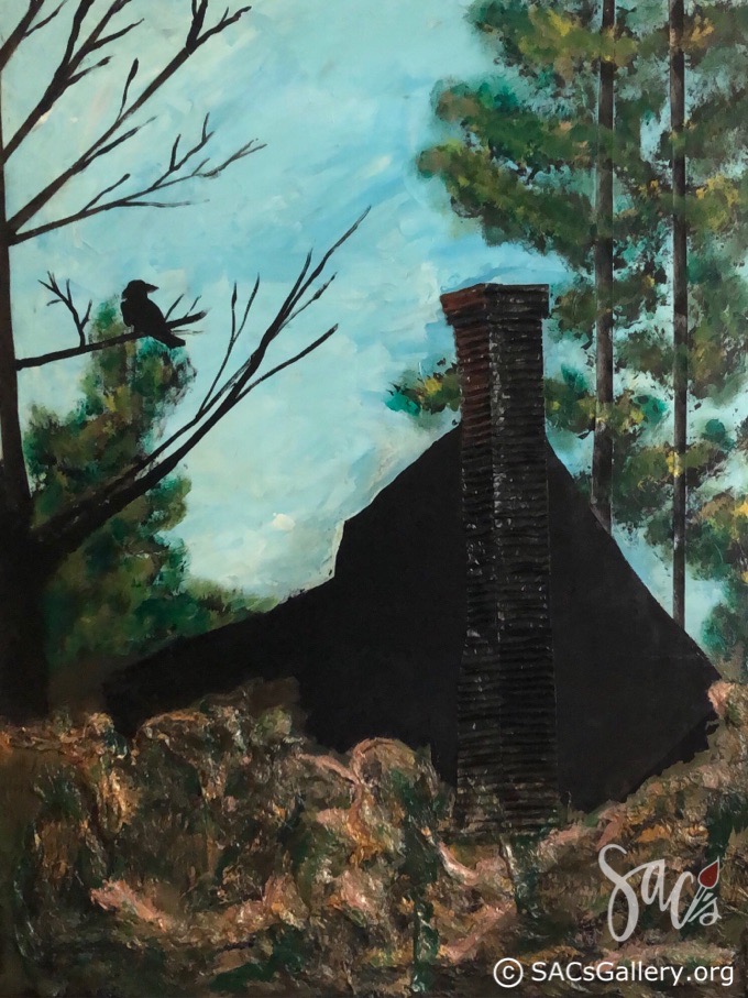 Painting of old house, crow in a tree